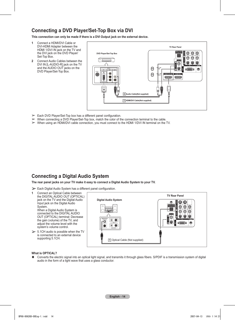 Connecting a dvd player/set-top box via dvi, Connecting a digital audio system | Samsung HLT5055WX-XAA User Manual | Page 14 / 68