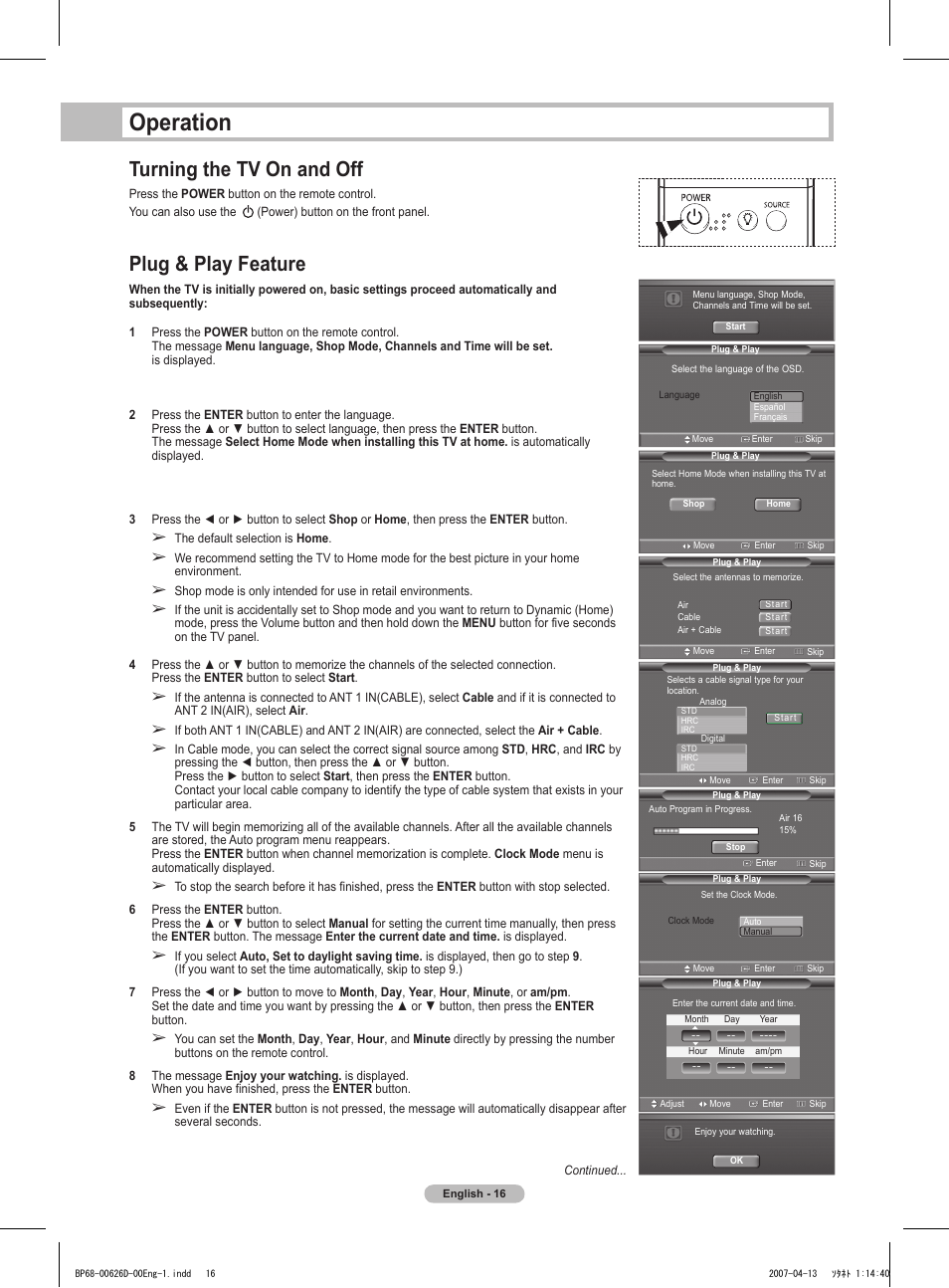 Operation, Turning the tv on and off, Plug & play feature | Samsung HLT5055WX-XAA User Manual | Page 16 / 68