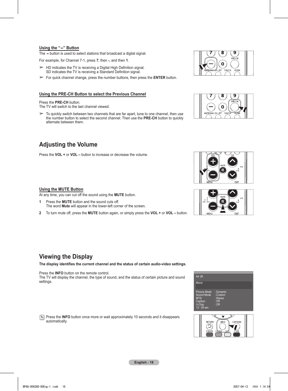 Adjusting the volume, Viewing the display | Samsung HLT5055WX-XAA User Manual | Page 18 / 68