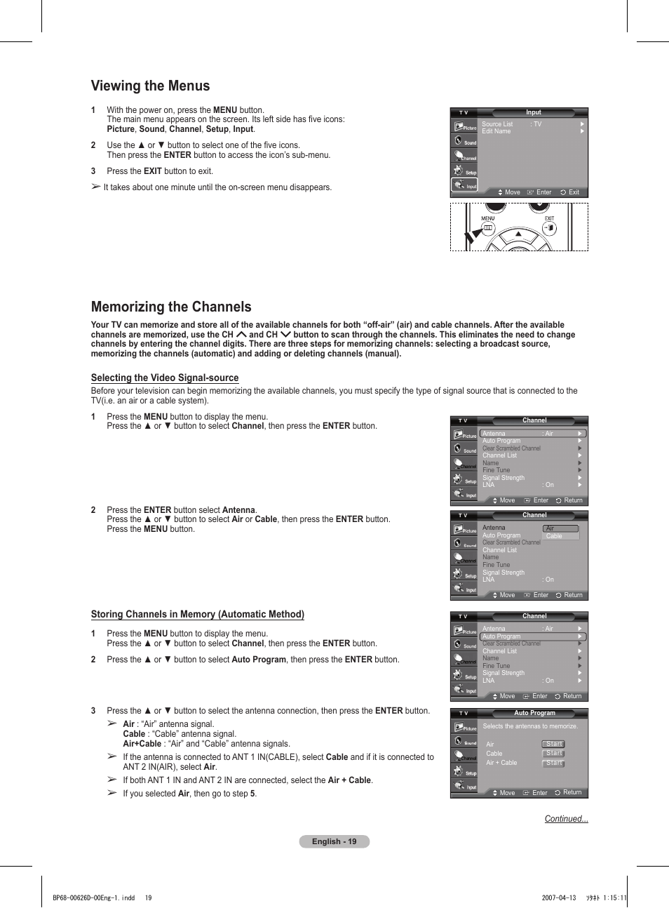 Viewing the menus, Memorizing the channels | Samsung HLT5055WX-XAA User Manual | Page 19 / 68