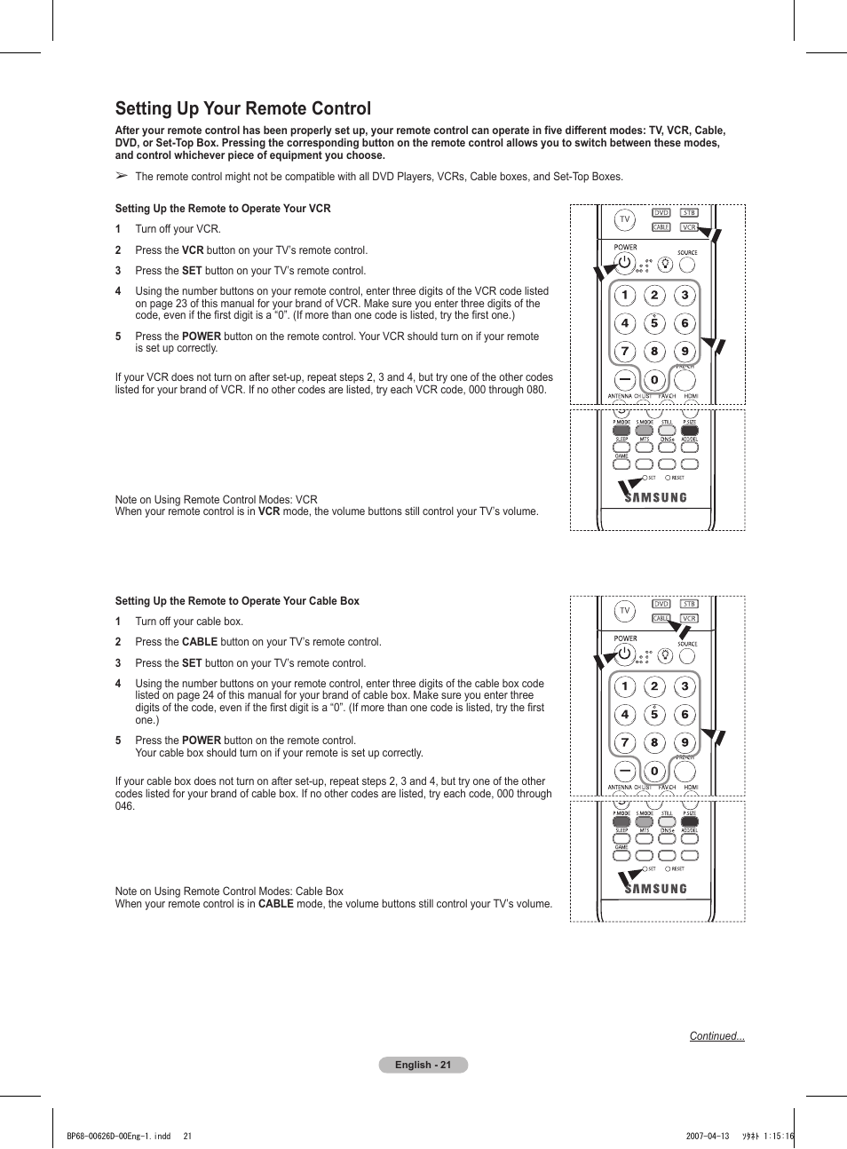 Setting up your remote control | Samsung HLT5055WX-XAA User Manual | Page 21 / 68