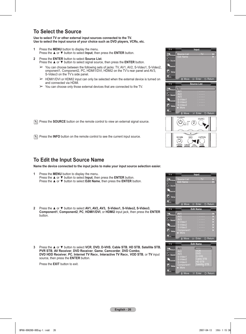 To select the source, To edit the input source name | Samsung HLT5055WX-XAA User Manual | Page 26 / 68
