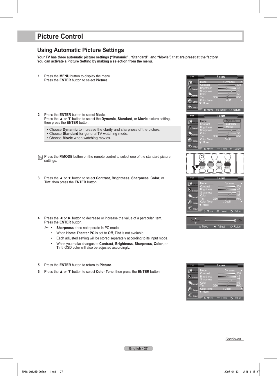 Picture control, Using automatic picture settings | Samsung HLT5055WX-XAA User Manual | Page 27 / 68