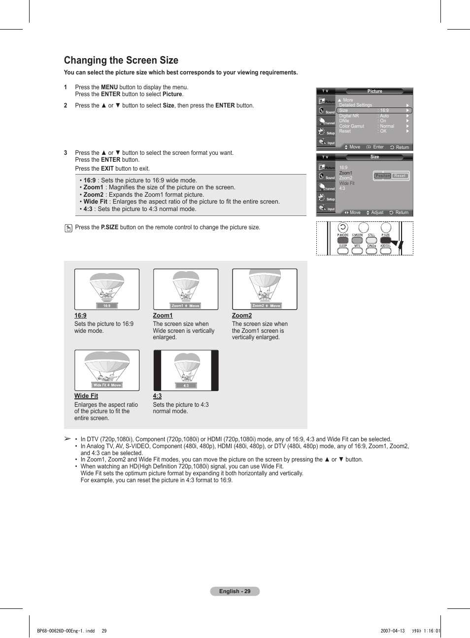 Changing the screen size | Samsung HLT5055WX-XAA User Manual | Page 29 / 68