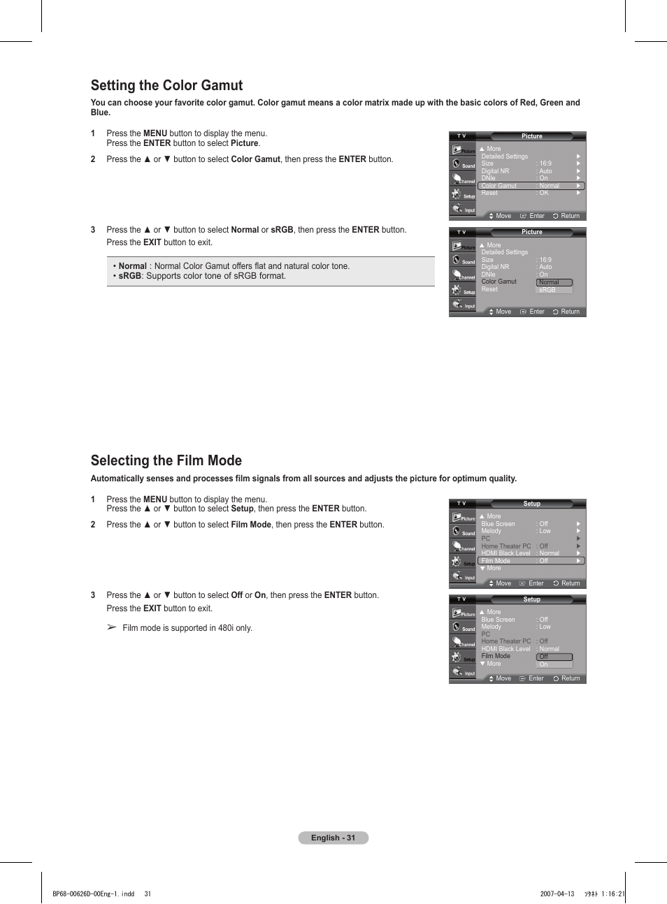 Setting the color gamut, Selecting the film mode | Samsung HLT5055WX-XAA User Manual | Page 31 / 68