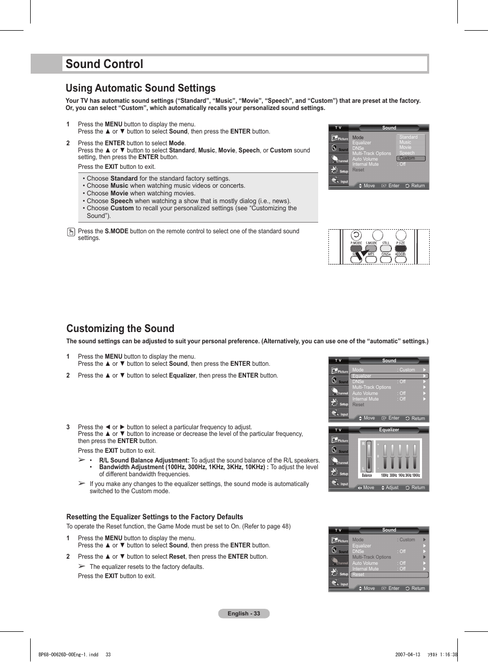 Sound control, Using automatic sound settings, Customizing the sound | Samsung HLT5055WX-XAA User Manual | Page 33 / 68