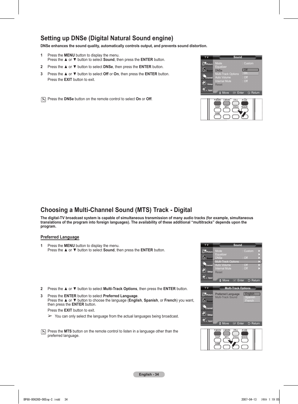 Setting up dnse (digital natural sound engine), Preferred language | Samsung HLT5055WX-XAA User Manual | Page 34 / 68