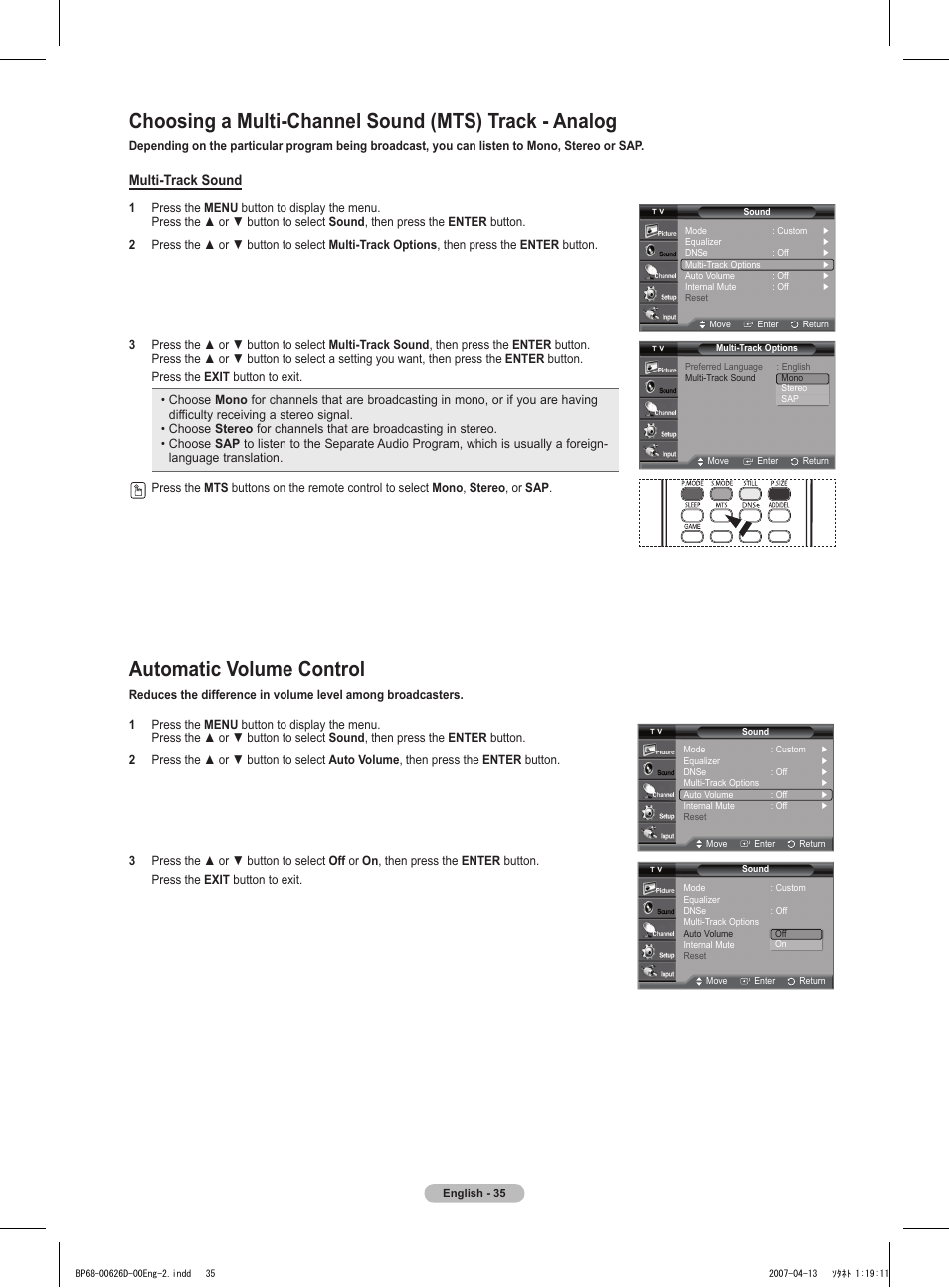 Automatic volume control, Multi-track sound | Samsung HLT5055WX-XAA User Manual | Page 35 / 68
