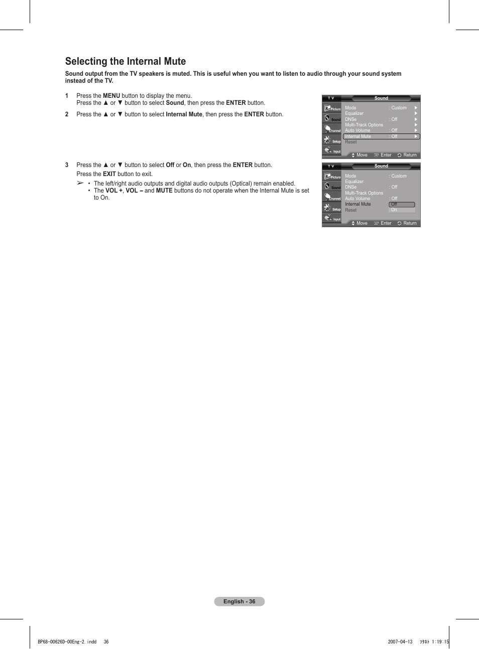Selecting the internal mute | Samsung HLT5055WX-XAA User Manual | Page 36 / 68