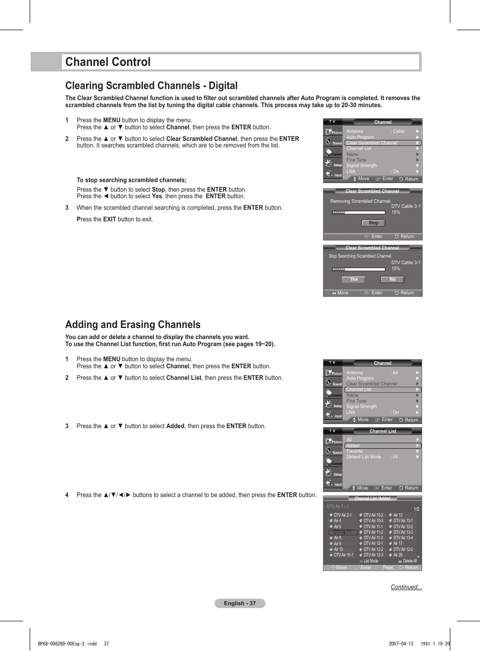 Channel control, Clearing scrambled channels - digital, Adding and erasing channels | Samsung HLT5055WX-XAA User Manual | Page 37 / 68