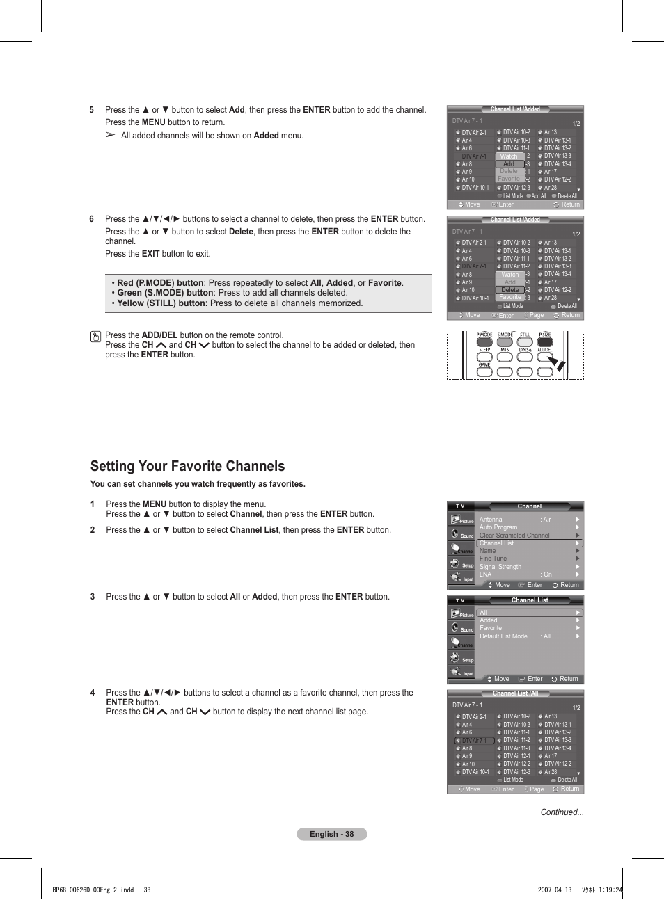 Setting your favorite channels | Samsung HLT5055WX-XAA User Manual | Page 38 / 68