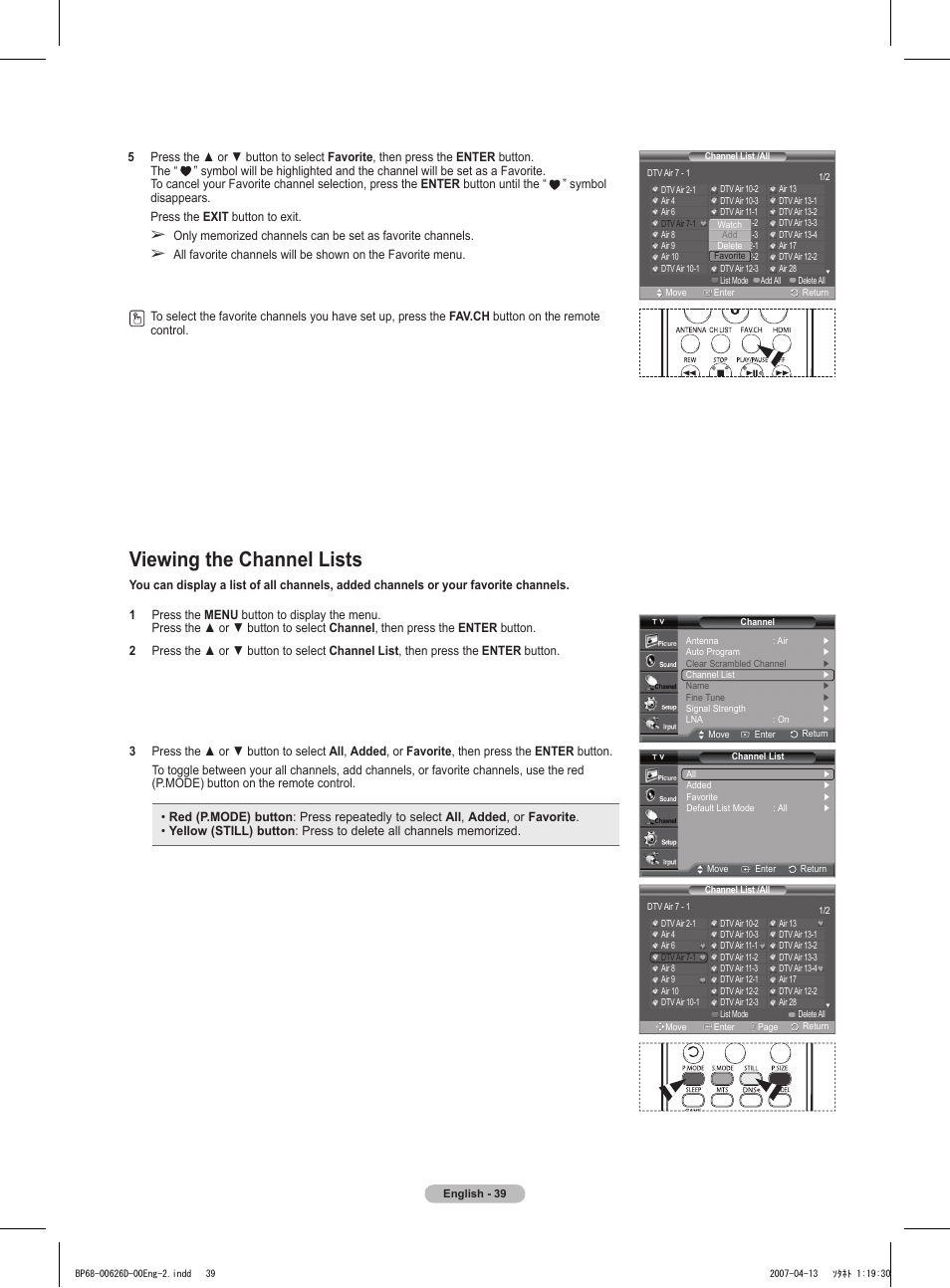 Viewing the channel lists | Samsung HLT5055WX-XAA User Manual | Page 39 / 68