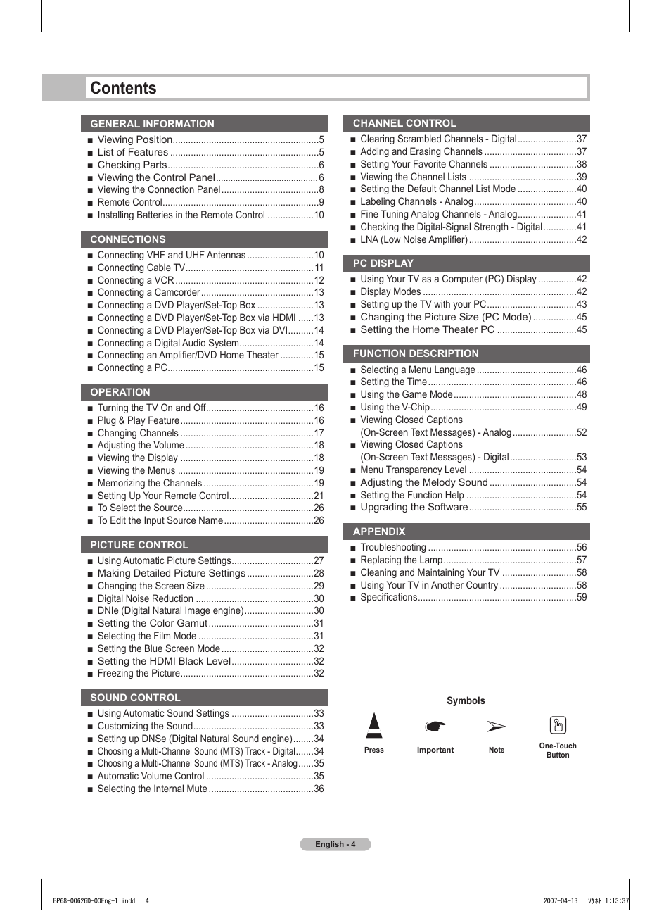 Samsung HLT5055WX-XAA User Manual | Page 4 / 68