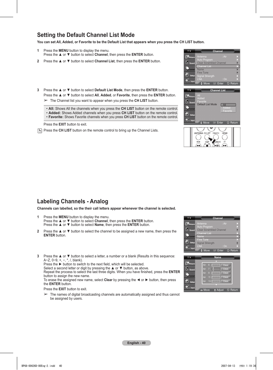 Setting the default channel list mode, Labeling channels - analog | Samsung HLT5055WX-XAA User Manual | Page 40 / 68