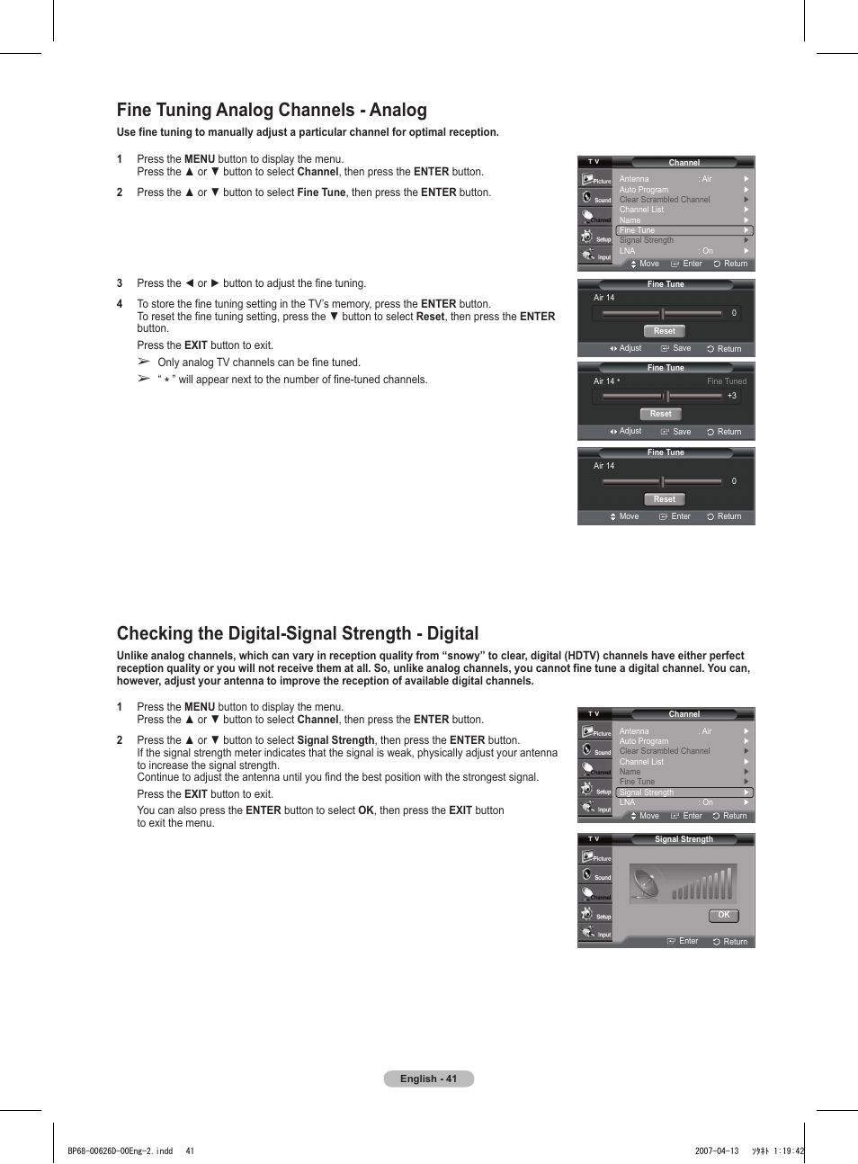 Fine tuning analog channels - analog, Checking the digital-signal strength - digital | Samsung HLT5055WX-XAA User Manual | Page 41 / 68