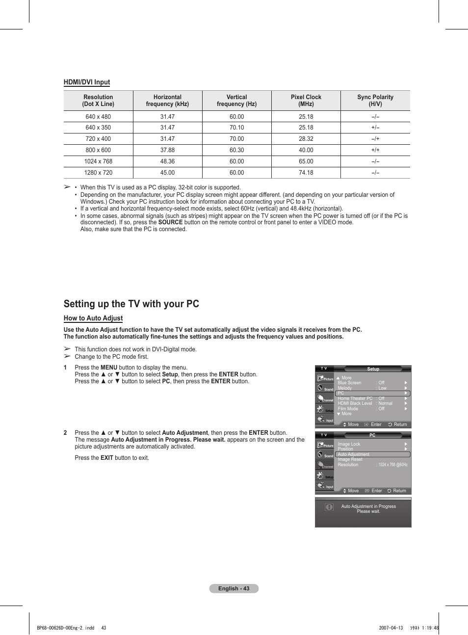 Setting up the tv with your pc | Samsung HLT5055WX-XAA User Manual | Page 43 / 68