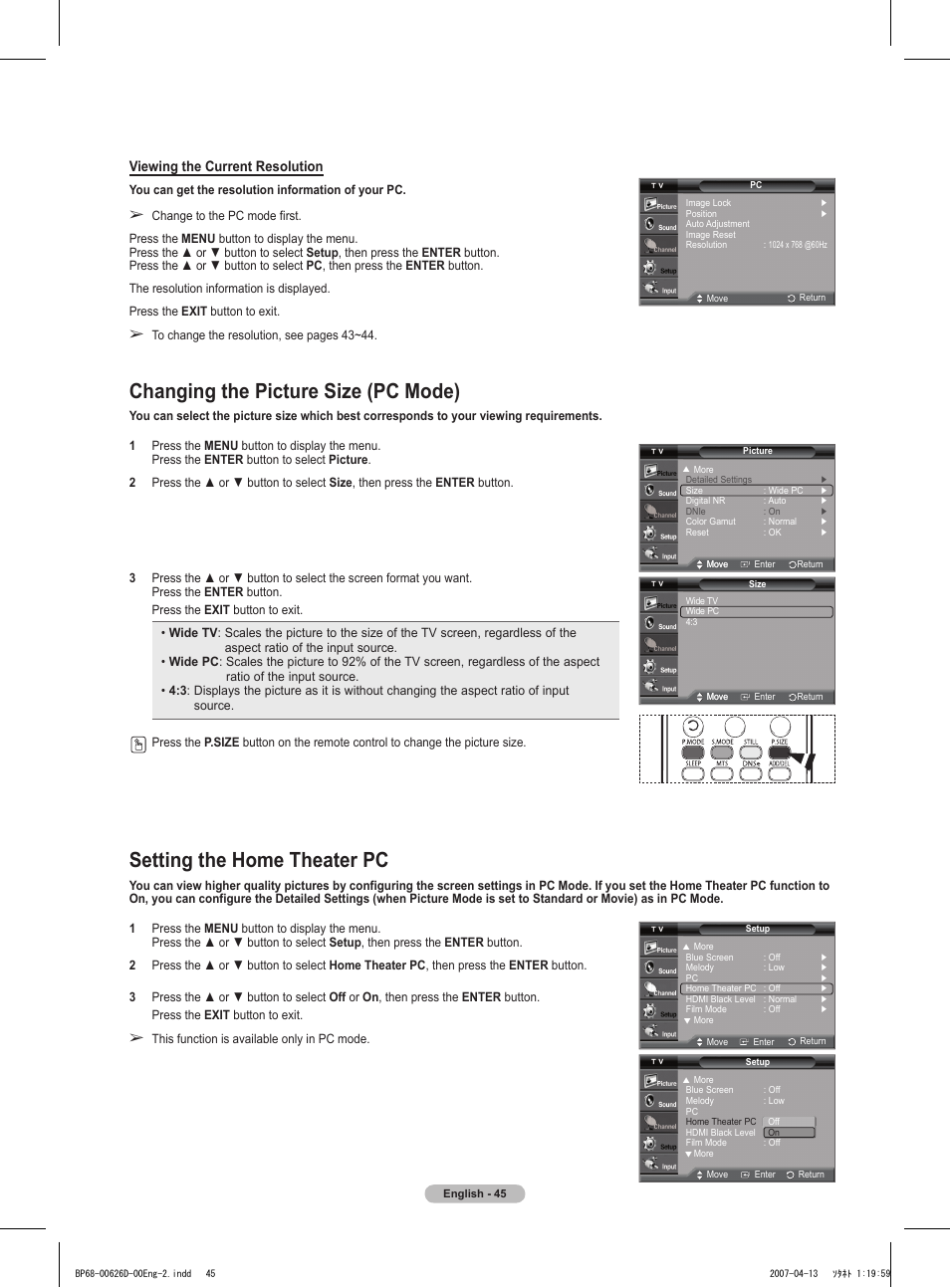 Changing the picture size (pc mode), Setting the home theater pc, Viewing the current resolution | Samsung HLT5055WX-XAA User Manual | Page 45 / 68