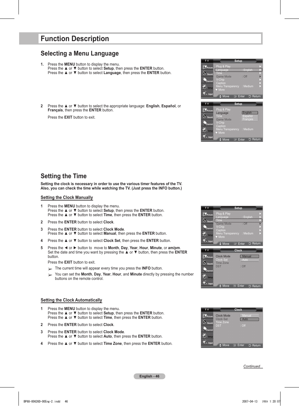 Function description, Selecting a menu language, Setting the time | Setting the clock manually, Setting the clock automatically | Samsung HLT5055WX-XAA User Manual | Page 46 / 68