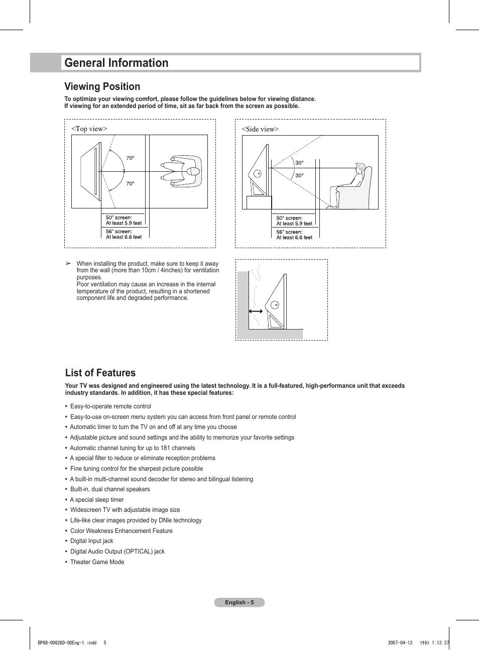 General information, Viewing position, List of features | Samsung HLT5055WX-XAA User Manual | Page 5 / 68
