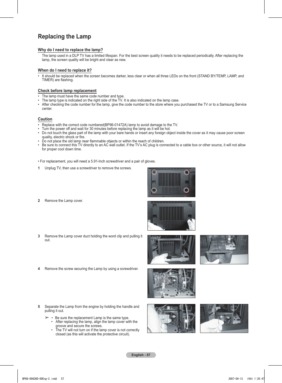 Replacing the lamp | Samsung HLT5055WX-XAA User Manual | Page 57 / 68