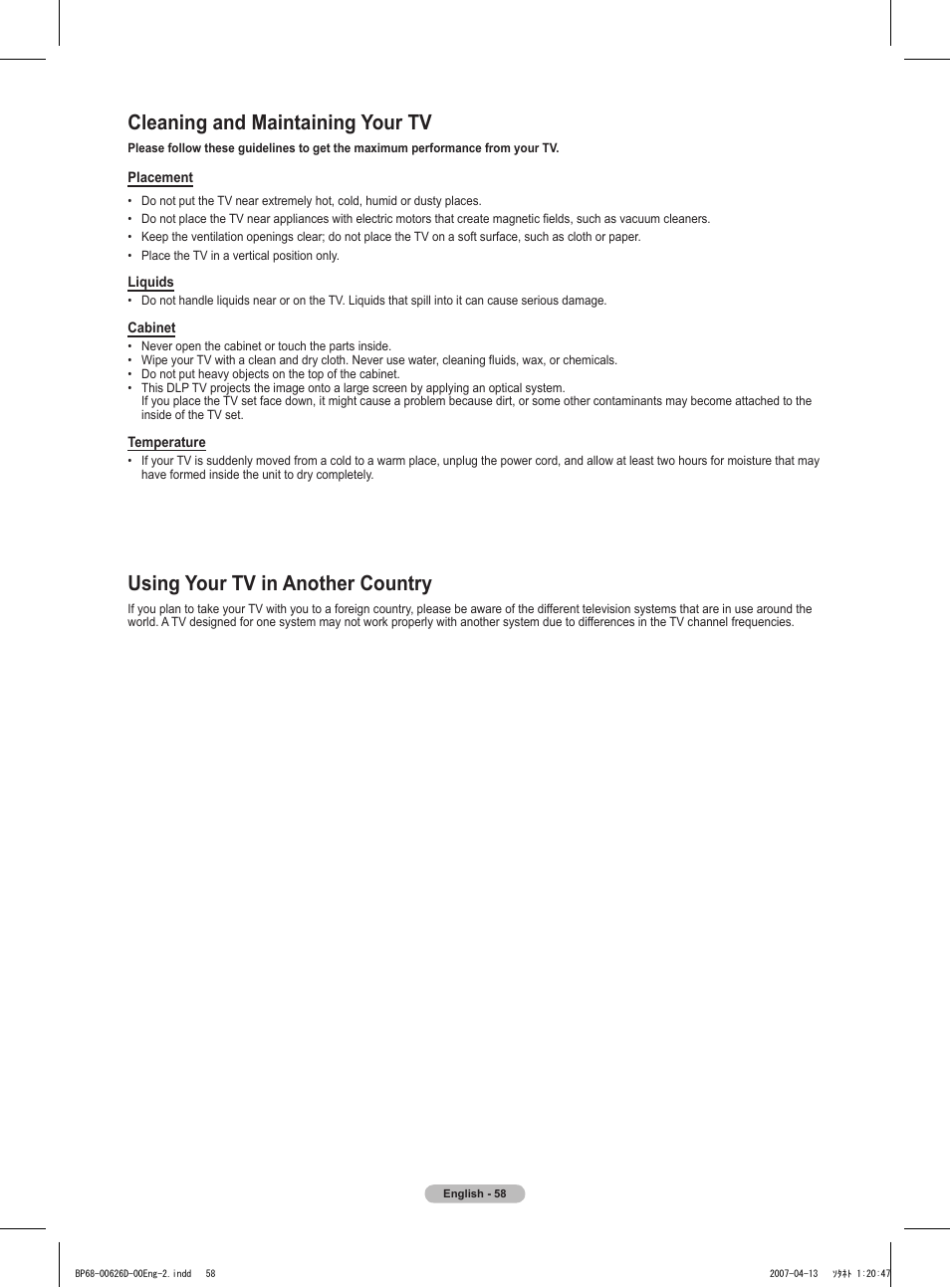 Cleaning and maintaining your tv, Using your tv in another country | Samsung HLT5055WX-XAA User Manual | Page 58 / 68