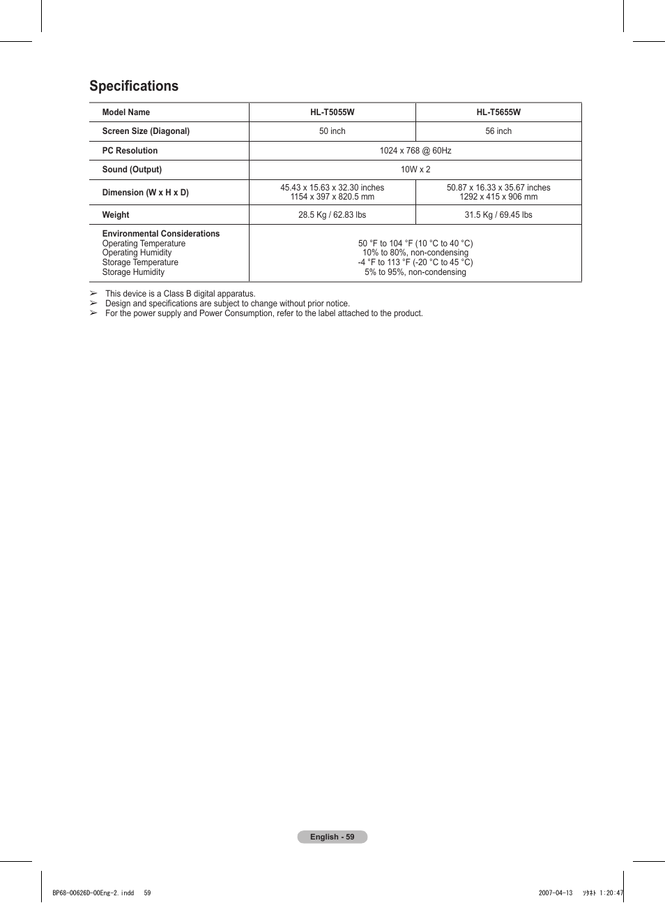 Specifications | Samsung HLT5055WX-XAA User Manual | Page 59 / 68