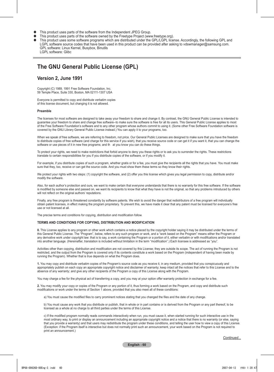 The gnu general public license (gpl) | Samsung HLT5055WX-XAA User Manual | Page 60 / 68