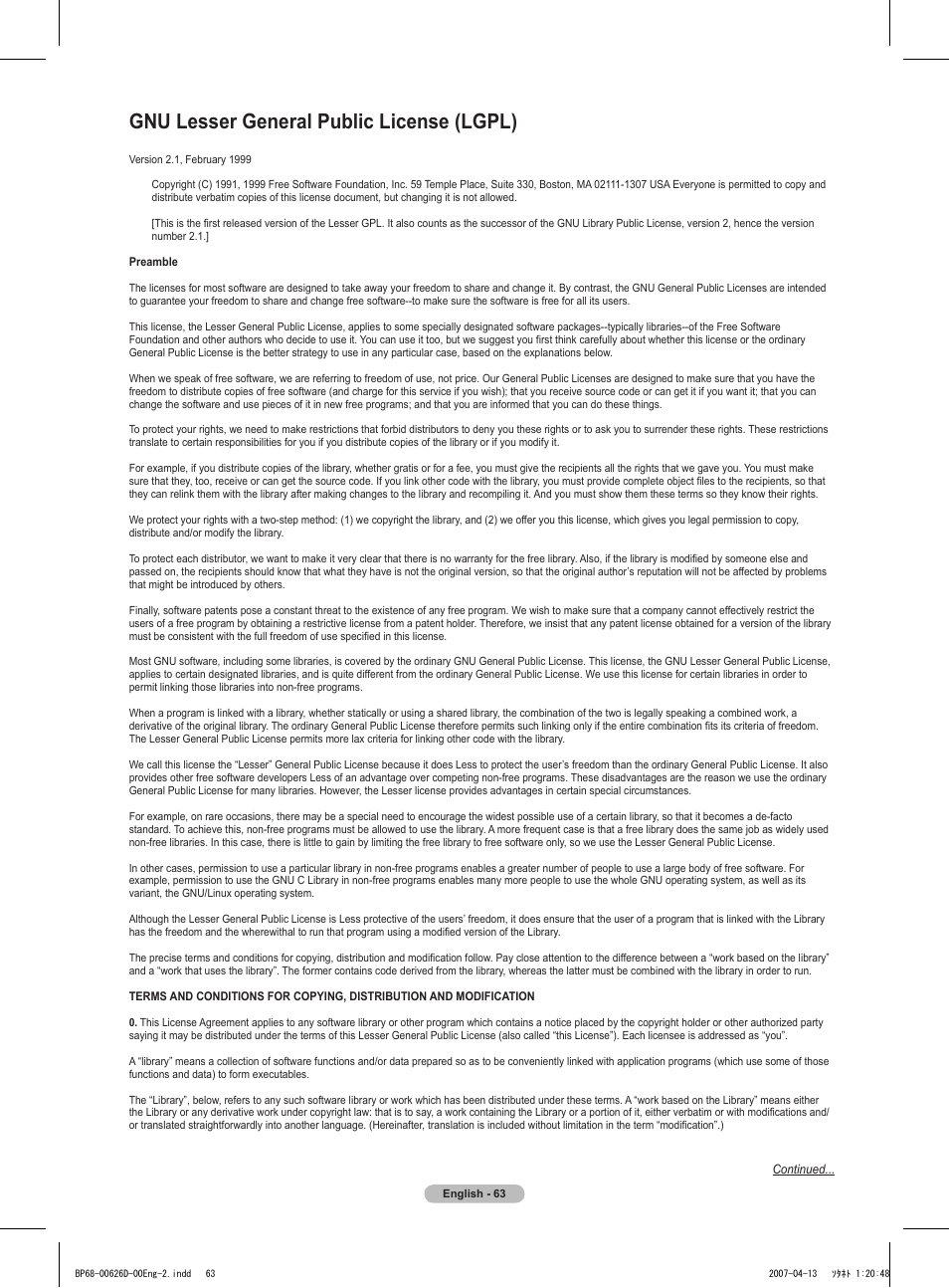 Gnu lesser general public license (lgpl) | Samsung HLT5055WX-XAA User Manual | Page 63 / 68