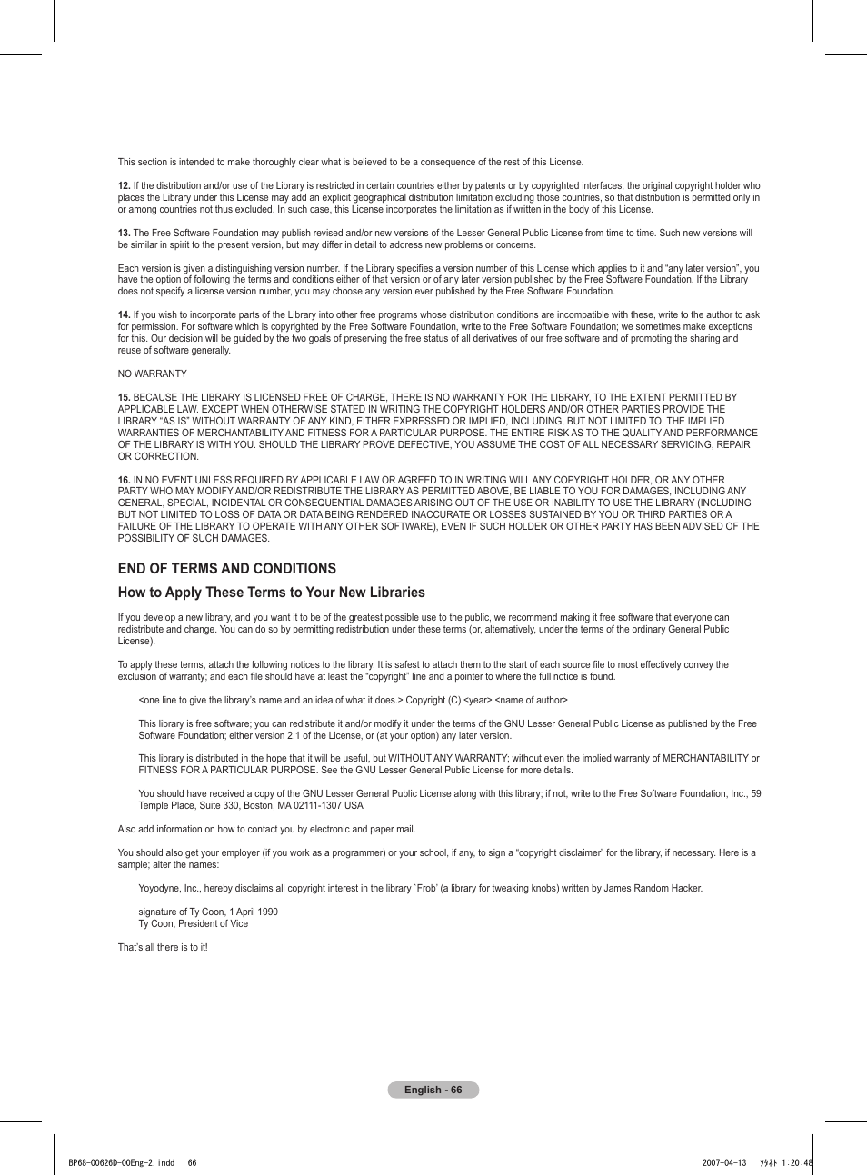 Samsung HLT5055WX-XAA User Manual | Page 66 / 68