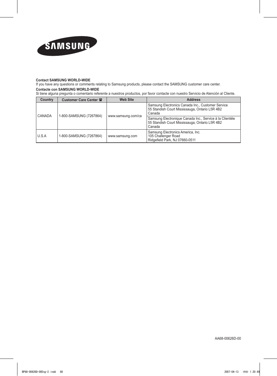 Samsung HLT5055WX-XAA User Manual | Page 68 / 68