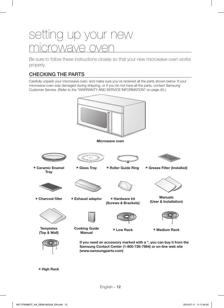 Setting up your new microwave oven | Samsung MC17F808KDT-AA User Manual | Page 12 / 48