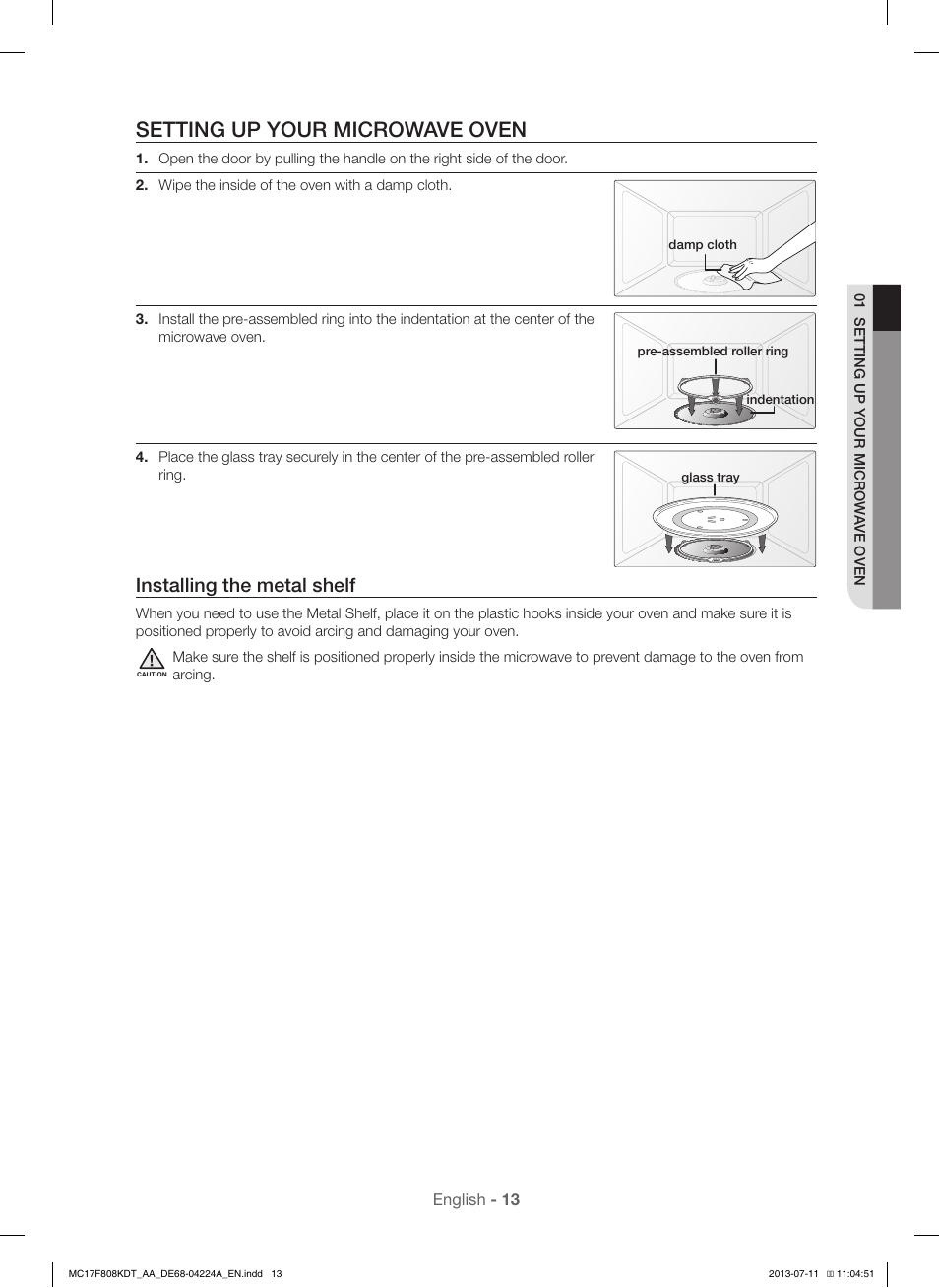 Setting up your microwave oven, Installing the metal shelf | Samsung MC17F808KDT-AA User Manual | Page 13 / 48