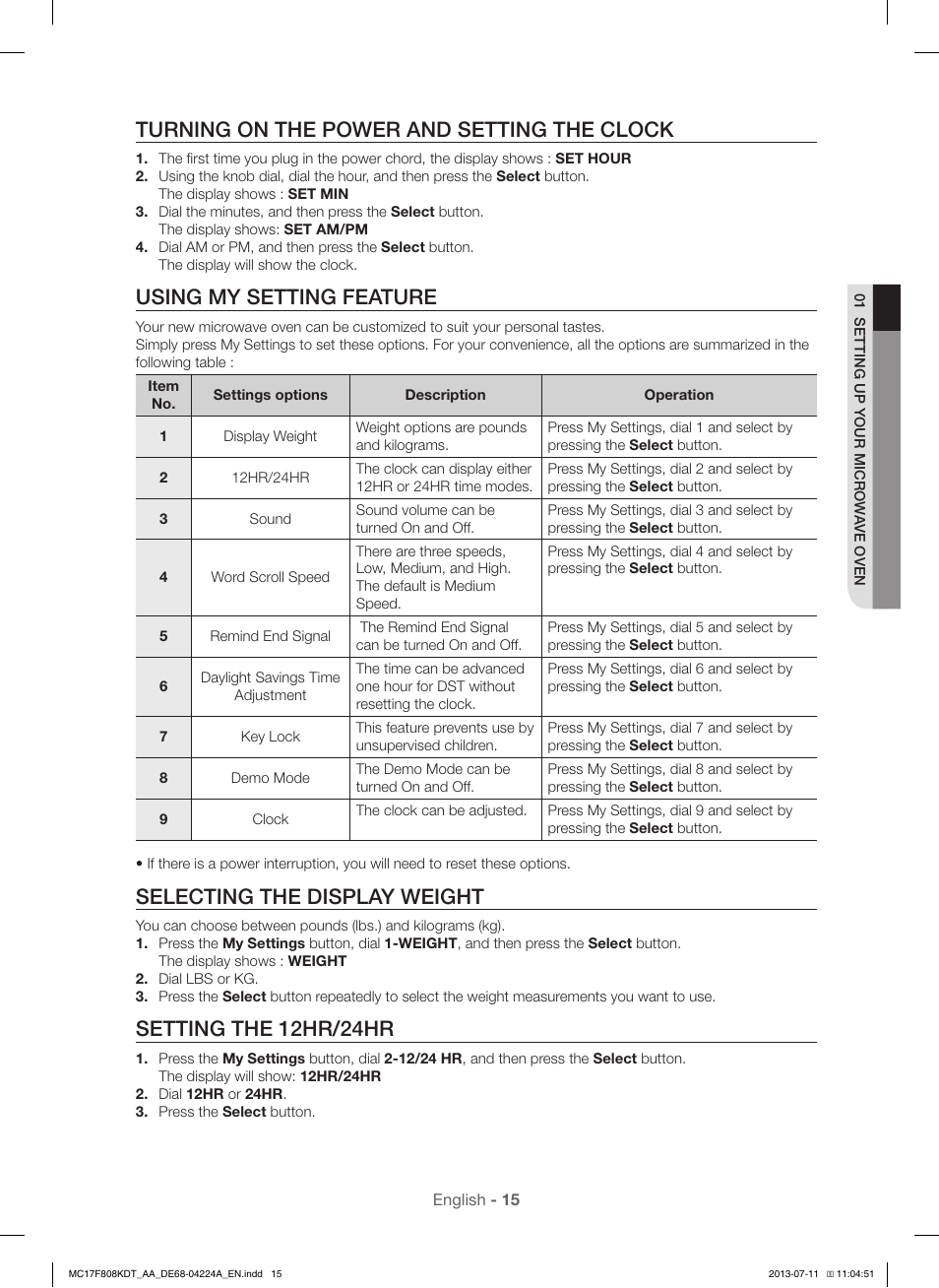 Turning on the power and setting the clock, Using my setting feature, Selecting the display weight | Setting the 12hr/24hr | Samsung MC17F808KDT-AA User Manual | Page 15 / 48