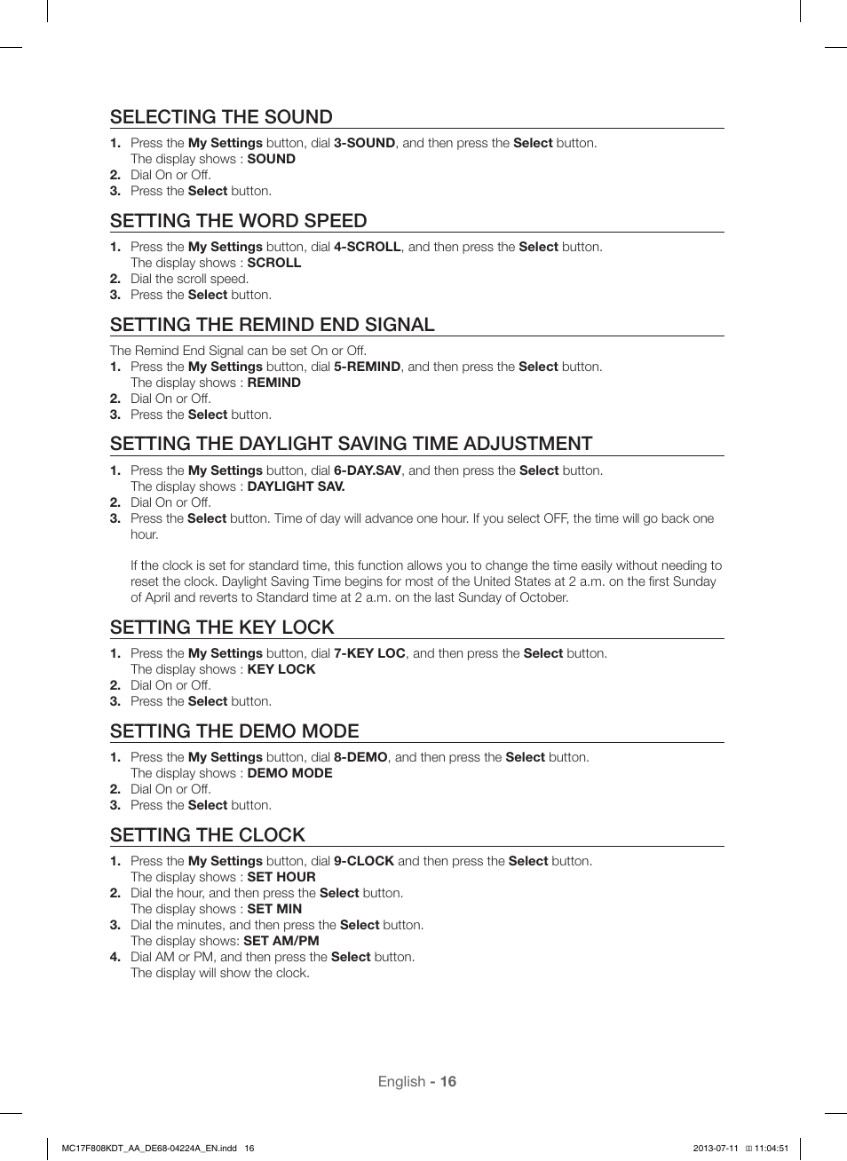 Selecting the sound, Setting the word speed, Setting the remind end signal | Setting the daylight saving time adjustment, Setting the key lock, Setting the demo mode, Setting the clock | Samsung MC17F808KDT-AA User Manual | Page 16 / 48