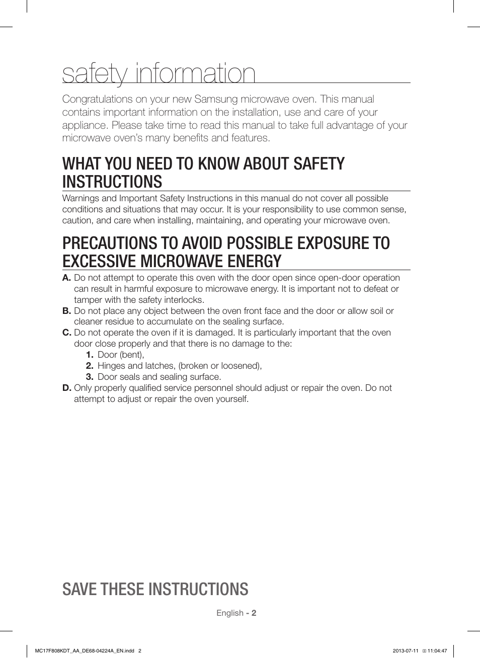 Safety information, What you need to know about safety instructions, Save these instructions | Samsung MC17F808KDT-AA User Manual | Page 2 / 48