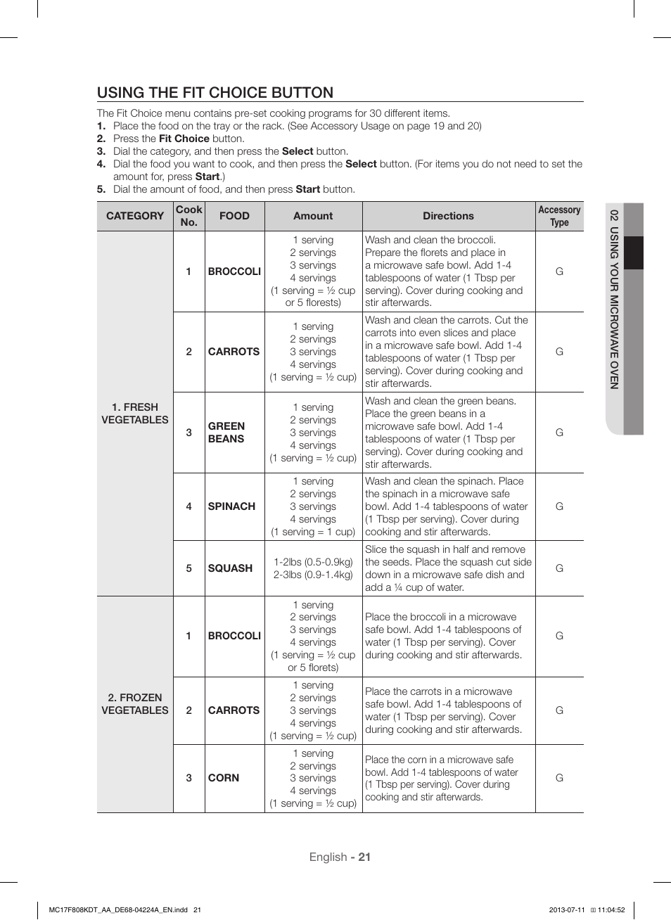 Using the fit choice button | Samsung MC17F808KDT-AA User Manual | Page 21 / 48