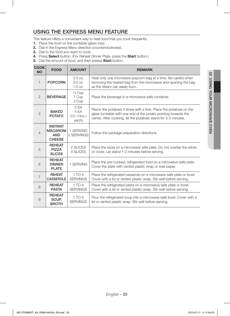 Using the express menu feature | Samsung MC17F808KDT-AA User Manual | Page 33 / 48