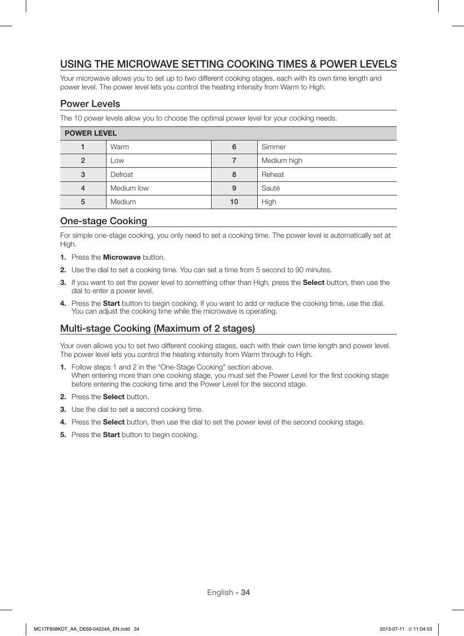 Power levels, One-stage cooking, Multi-stage cooking (maximum of 2 stages) | Samsung MC17F808KDT-AA User Manual | Page 34 / 48