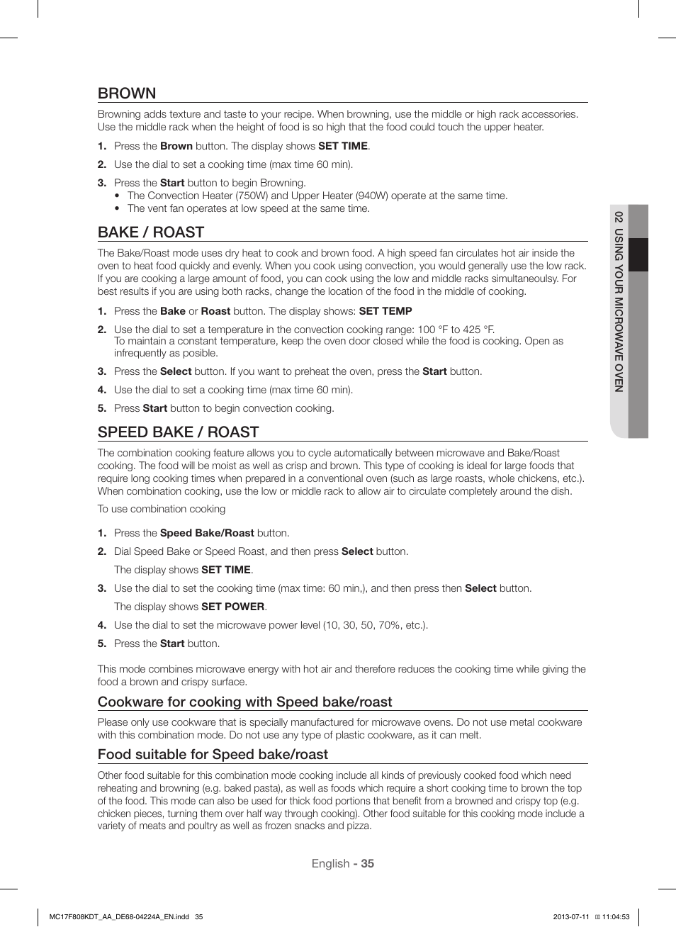 Brown, Bake / roast, Speed bake / roast | Cookware for cooking with speed bake/roast, Food suitable for speed bake/roast | Samsung MC17F808KDT-AA User Manual | Page 35 / 48