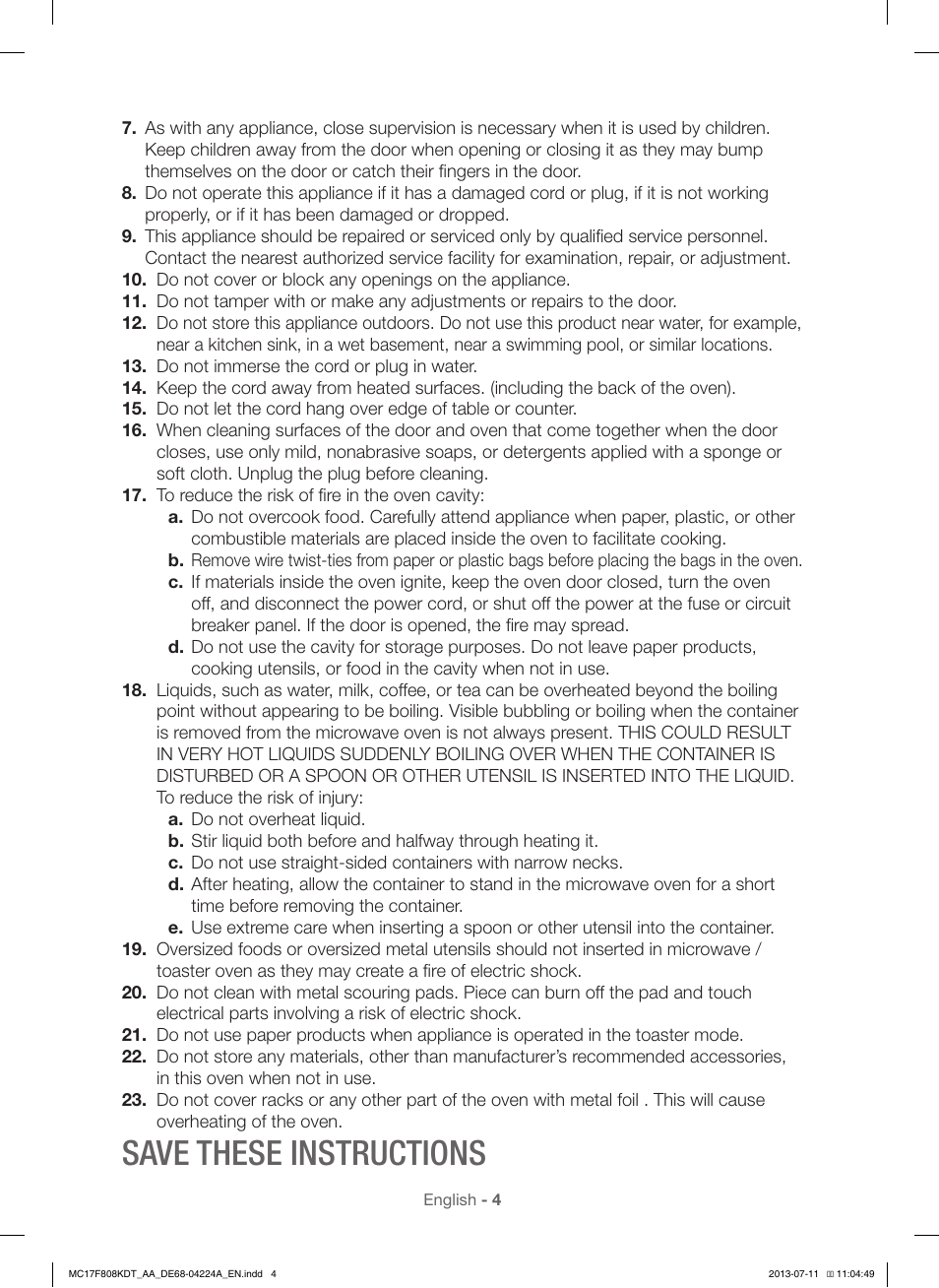 Save these instructions | Samsung MC17F808KDT-AA User Manual | Page 4 / 48
