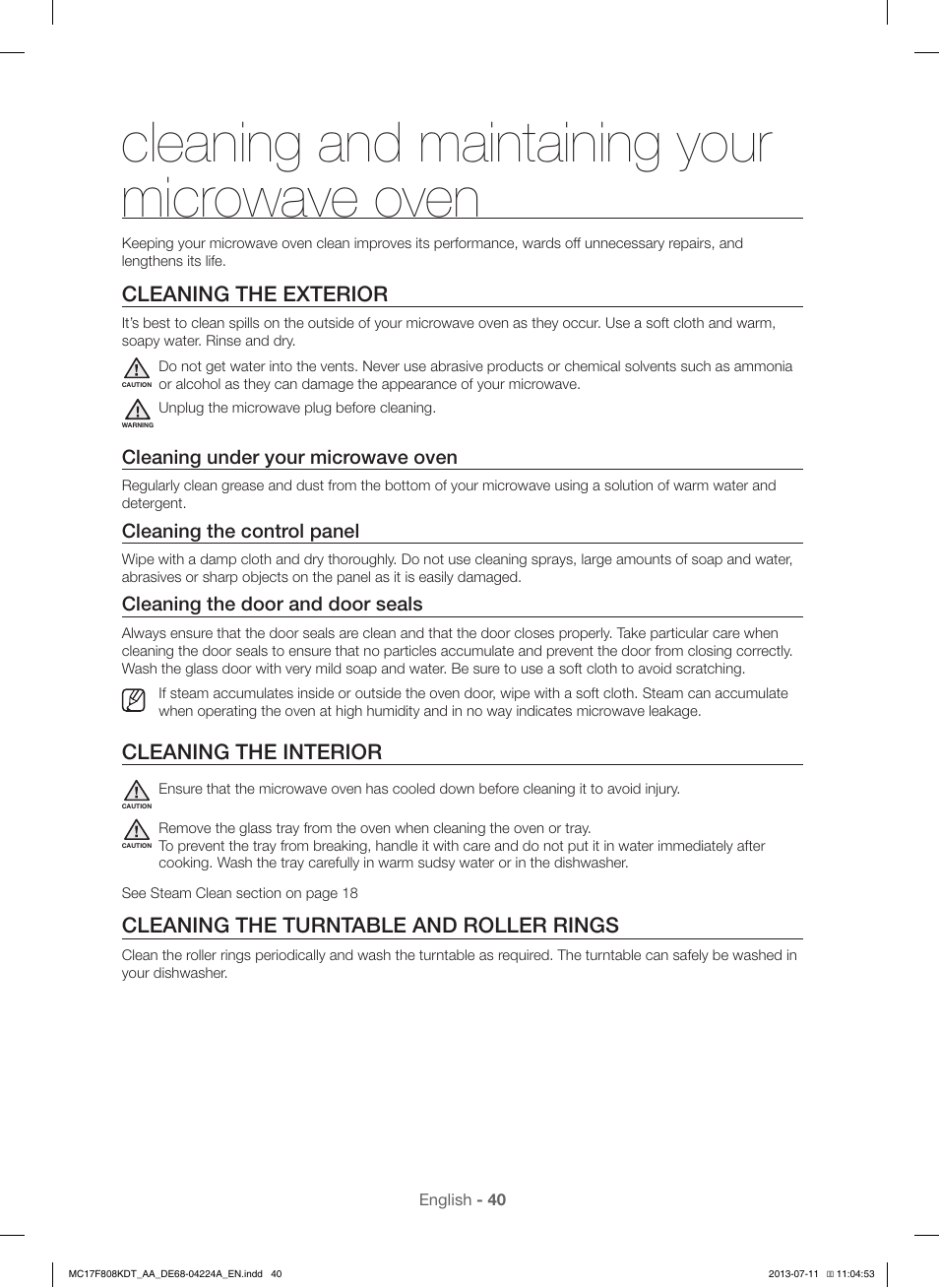 Cleaning and maintaining your microwave oven, Cleaning the exterior, Cleaning the interior | Cleaning the turntable and roller rings | Samsung MC17F808KDT-AA User Manual | Page 40 / 48