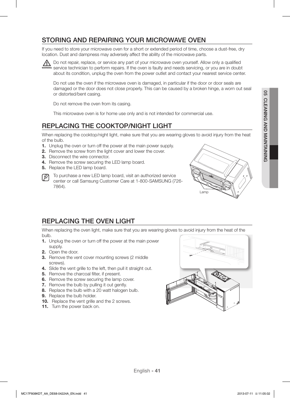 Storing and repairing your microwave oven, Replacing the cooktop/night light, Replacing the oven light | Samsung MC17F808KDT-AA User Manual | Page 41 / 48