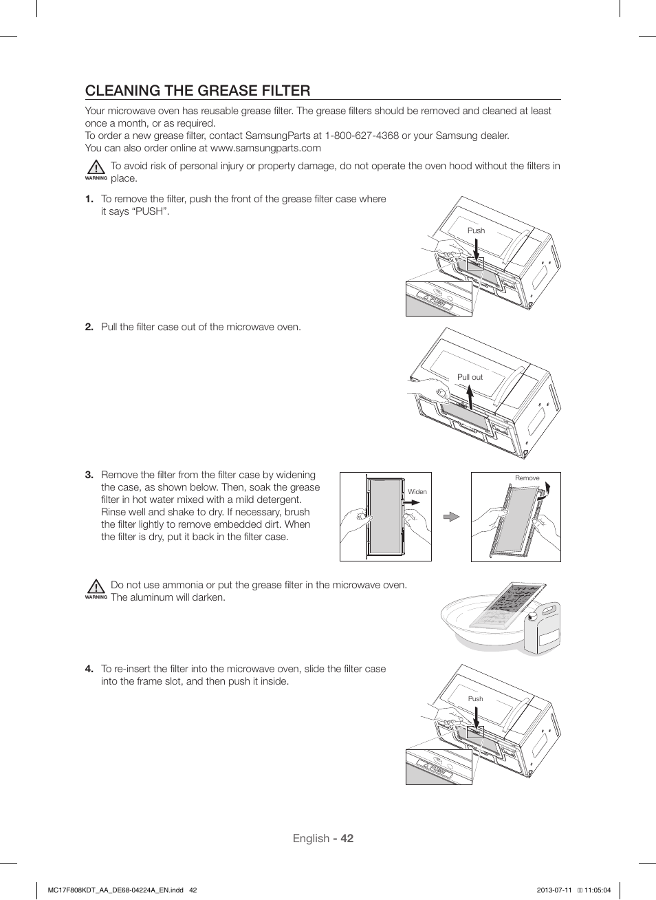 Cleaning the grease filter, English - 42 | Samsung MC17F808KDT-AA User Manual | Page 42 / 48