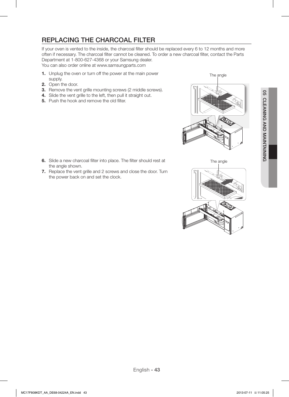 Replacing the charcoal filter | Samsung MC17F808KDT-AA User Manual | Page 43 / 48