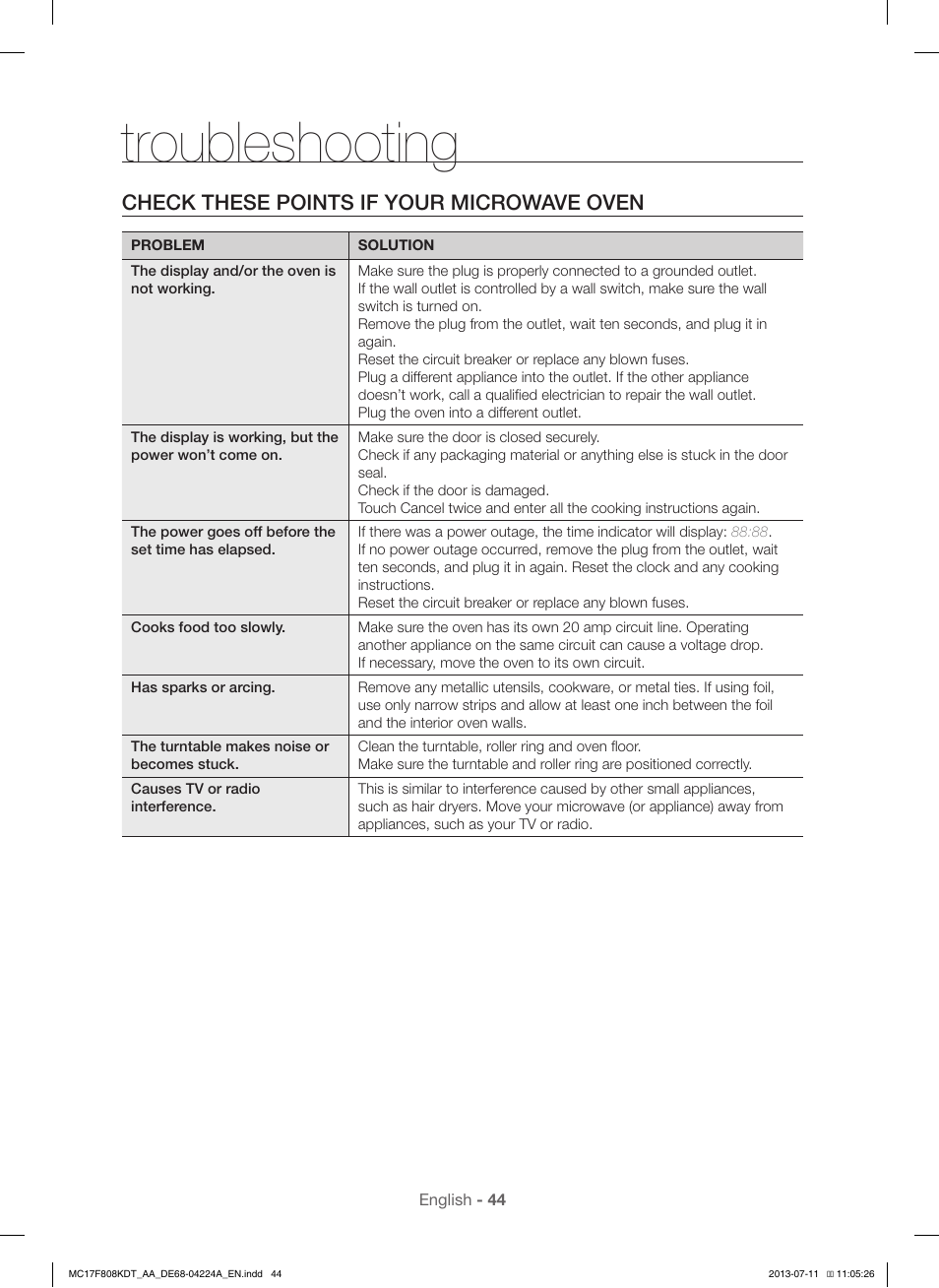 Troubleshooting, Check these points if your microwave oven | Samsung MC17F808KDT-AA User Manual | Page 44 / 48