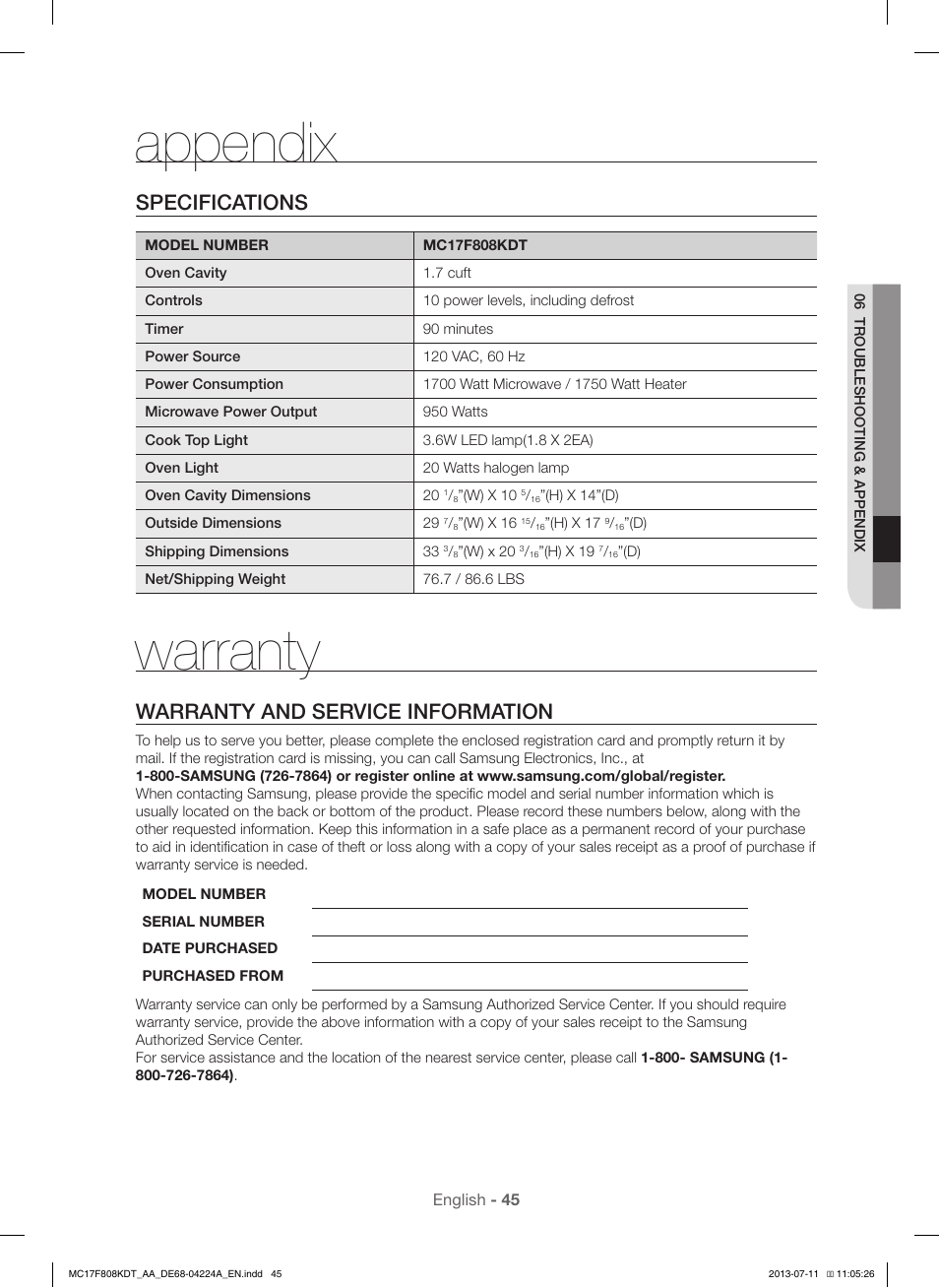 Appendix, Warranty, Specifications | Warranty and service information | Samsung MC17F808KDT-AA User Manual | Page 45 / 48