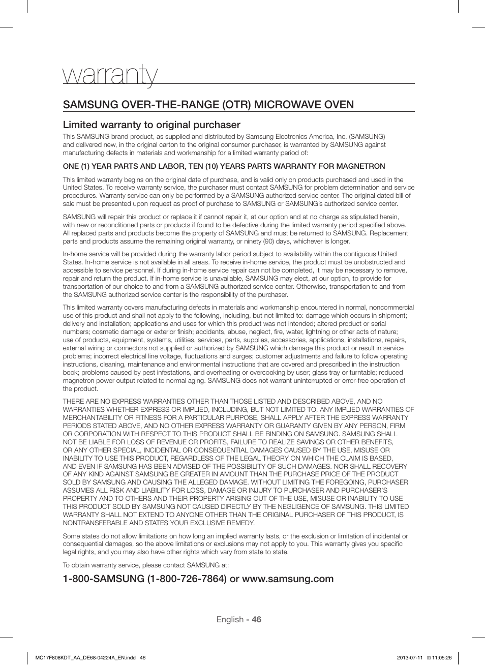 Warranty, Samsung over-the-range (otr) microwave oven | Samsung MC17F808KDT-AA User Manual | Page 46 / 48