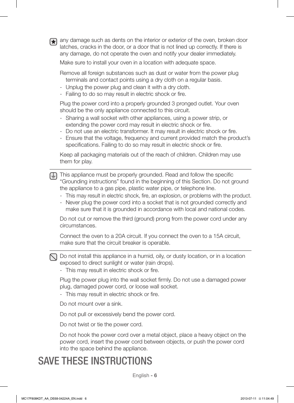 Save these instructions | Samsung MC17F808KDT-AA User Manual | Page 6 / 48