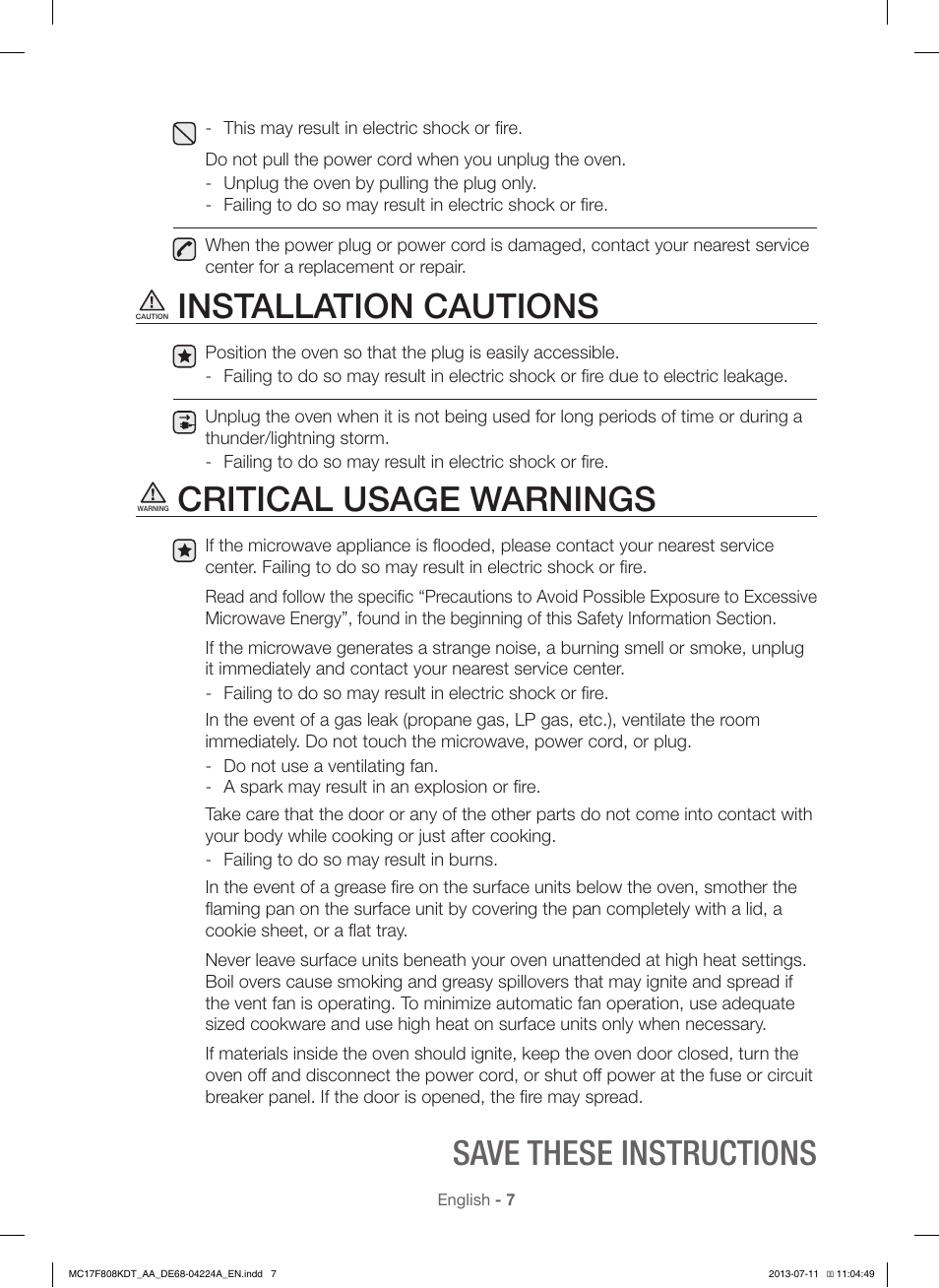 Installation cautions, Critical usage warnings, Save these instructions | Samsung MC17F808KDT-AA User Manual | Page 7 / 48