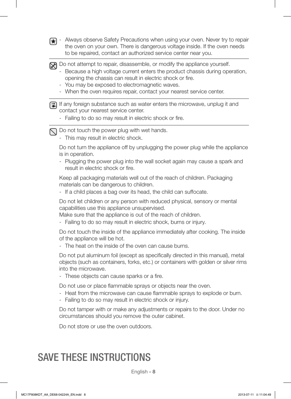 Save these instructions | Samsung MC17F808KDT-AA User Manual | Page 8 / 48